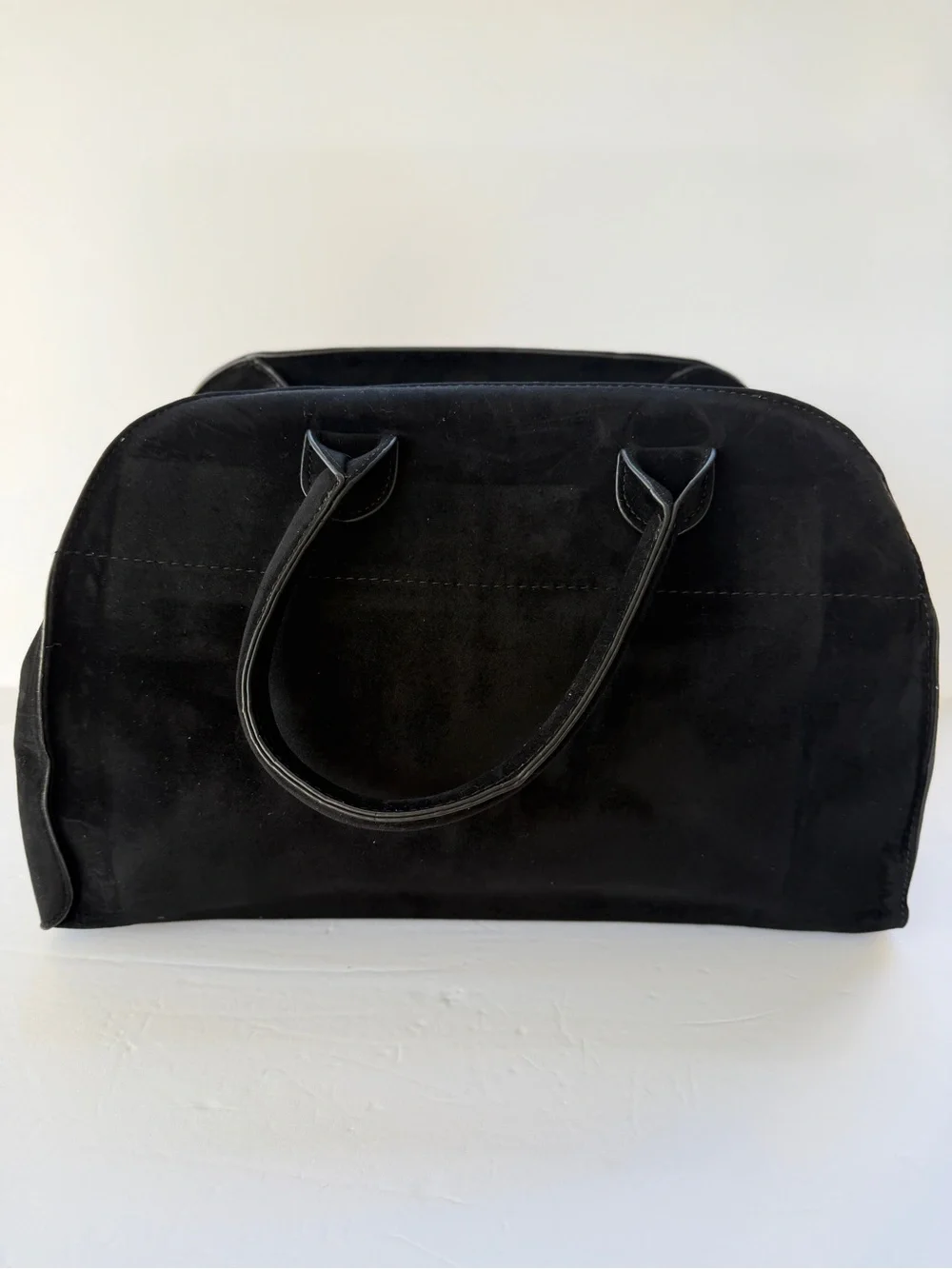 Black Top Handle Suede Satchel Handbag w/Buckle Detail Gold Hardware Zip Pocket